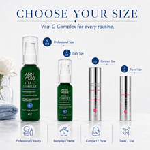 Load image into Gallery viewer, Ann Webb Vita-C Complex skincare product size comparison chart showing four bottle and tube formats labeled Professional Size, Daily Size, Compact Size, and Travel Size on a light gray background.
