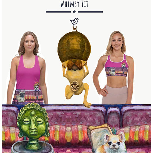 Whimsy Fit Workout Wear yoga capri leggings tank tops sports bras and bathing suits that are bright, comfortable, slimming and eye catching.  Get noticed at the gym or around town wearing sportswear with dogs and other fun themese