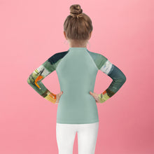 Load image into Gallery viewer, Kids BLue Green Abstract Print Rash Guards Whimsy FIt Mix and Match “Sink or Swim” Matching Mom
