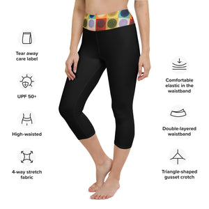 Black Yoga Capri Leggings Colorful Waistband Womens Leggings Whimsy FIt 