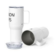 Load image into Gallery viewer, &quot;Bourbon Helps&quot; Travel mug with Handle - Whimsy Fit Workout Wear
