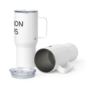 "Bourbon Helps" Travel mug with Handle - Whimsy Fit Workout Wear