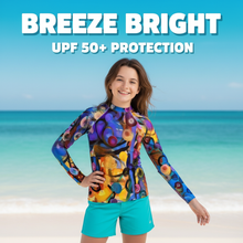 Load image into Gallery viewer, Breeze Bright Girls Rash Guard Whimsy Fit UPF 50+ Long Sleeve Swim Shirt - Confident Shot
