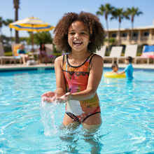 Load image into Gallery viewer, Girls Orange red Abstract Print Swim Suit Abstract print “Circles in the Sand” Whimsy Fit Mother Daughter Matching
