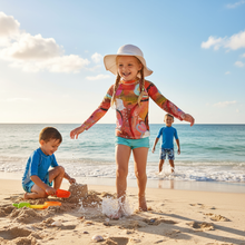 Load image into Gallery viewer, Kids Orange Red Abstract Print Rash Guards Whimsy FIt Mix and Match “Circles in the Sand” Matching Mom
