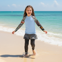 Load image into Gallery viewer, Youth Girls LIght BLue Rash Guard Swim Shirt with Abstract print “Crazy Town” Sleeves Whimsy Fit Mix and Match Matching Mom
