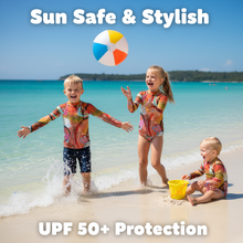 Load image into Gallery viewer, Kids Orange Red Abstract Print Rash Guards Whimsy FIt Mix and Match “Circles in the Sand” Matching Mom
