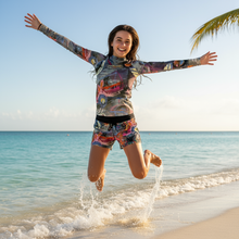 Load image into Gallery viewer, Youth Girls Rash Guard Swim Shirt Abstract print “Crazy Town” Sleeves Whimsy Fit Mix and Match Matching Mom
