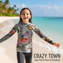 Load image into Gallery viewer, Youth Girls Rash Guard Swim Shirt Abstract print “Crazy Town” Sleeves Whimsy Fit Mix and Match Matching Mom
