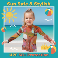 Load image into Gallery viewer, Kids Orange Red Abstract Print Rash Guards Whimsy FIt Mix and Match “Circles in the Sand” Matching Mom
