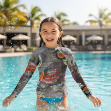Load image into Gallery viewer, Youth Girls Rash Guard Swim Shirt Abstract print “Crazy Town” Sleeves Whimsy Fit Mix and Match Matching Mom
