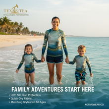 Load image into Gallery viewer, Women's Rash Guard Texas Tea Whimsy Fit UPF 50+ Long Sleeve Swim Shirt Mother with children wearing Texas Tea rash guards

