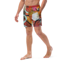 Load image into Gallery viewer, Men's abstract swim shorts left front angle - orange geometric Circles in the Sand artistic design
