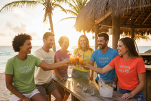 Load image into Gallery viewer, Women and men at beach bar in Vodka Helps shirts
