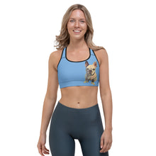 Load image into Gallery viewer, Woman wearing Blue Frenchie Sports Bra front action photo - Whimsy Fit French Bulldog racerback bra sizes XS-XL

