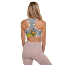 Load image into Gallery viewer, Blue Sports Bra Whimsy Fit &quot;Bubbles&quot; Padded Sports Bra with Staffordshire Bull Terriers - Whimsy Fit Woman from back
