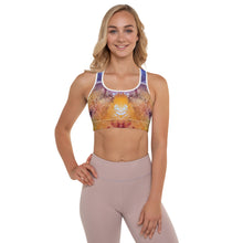 Load image into Gallery viewer, Purple and orange Bright Abstract Print "Splash" Padded Sports Bra - Whimsy Fit Girl from front

