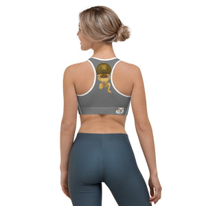 Grey Sports bra with "Poms & Frenchies" - Whimsy Fit Workout Wear