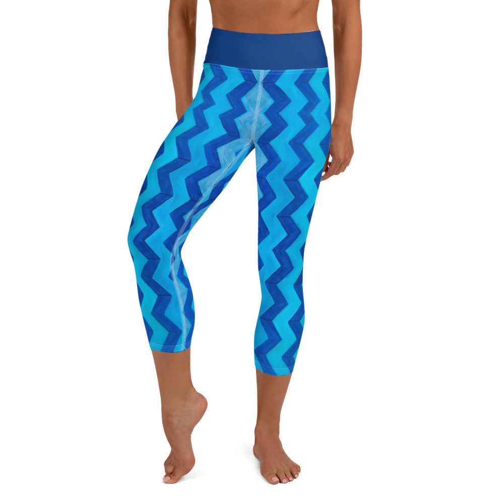 Blue Zig Zag Blue  Yoga Capri Leggings with Bunny - Whimsy Fit Workout Wear