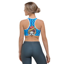 Load image into Gallery viewer, Blue Zig Zag Sports bra with Pomeranian - Whimsy Fit Workout Wear
