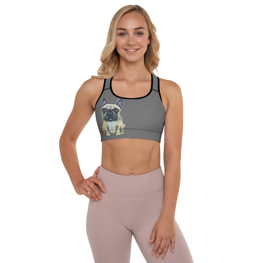 Grey Padded Sports Bra with French Bull Dog - Whimsy Fit Workout Wear